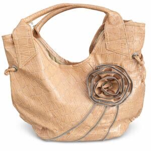 Y2K Faux Rose Embellished Beige Croc-Embossed Shoulder Bag